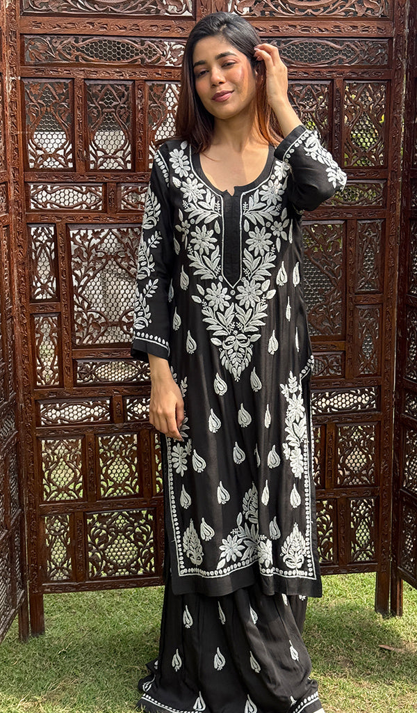 Women's Lakhnavi Handcrafted Modal Cotton Chikankari Kurta And Palazzo Set - HONC0200274