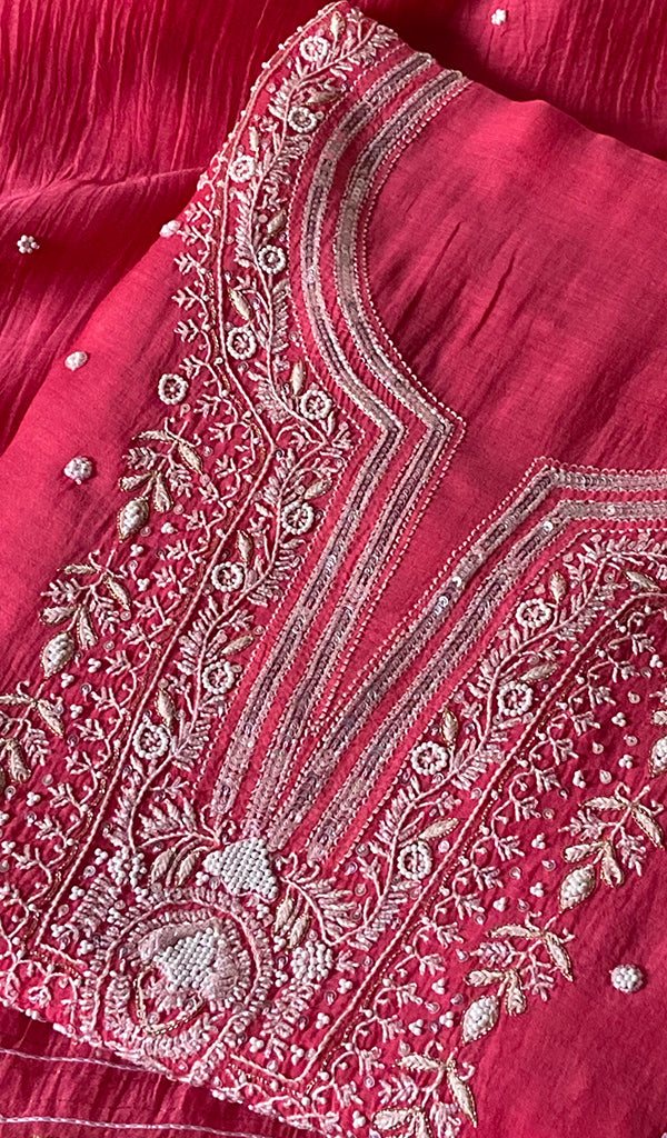 Women's Lakhnavi Handcrafted Mul Chanderi Semi - stitched Kurta And Dupatta Set- HONC0328240