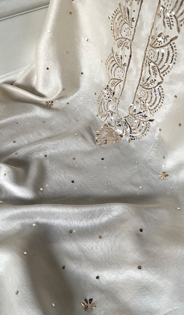 Women's Lucknowi Handcrafted Chanderi Silk Unstitched Chikankari Kurta and Dupatta Set- HONC0304296