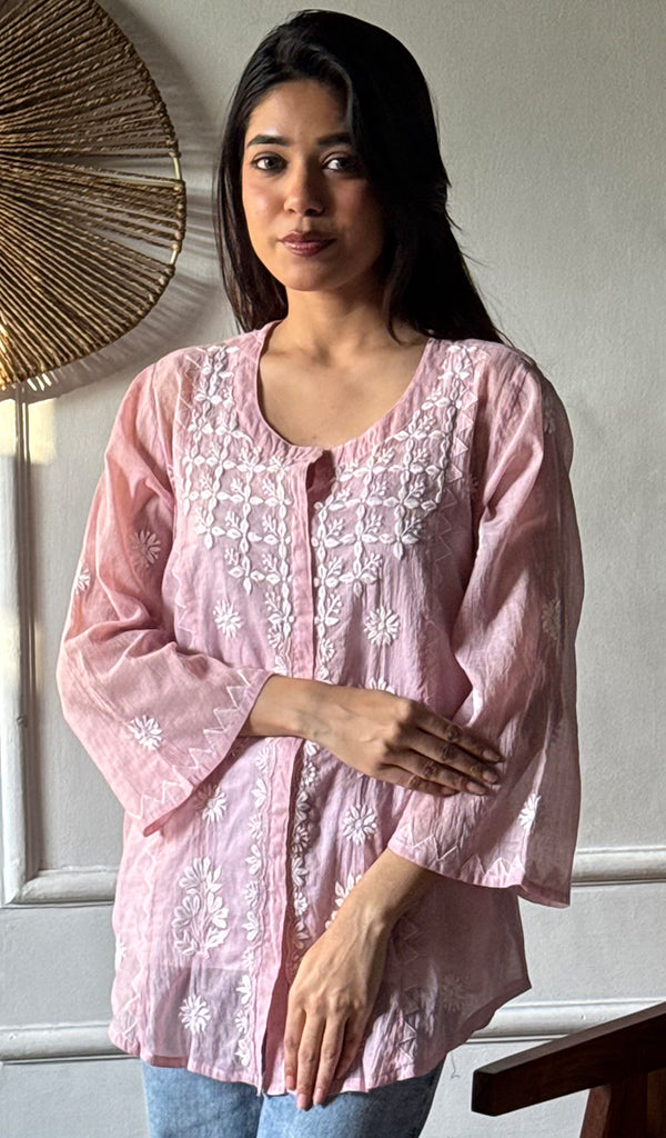 Vaanya Women's Lakhnavi Handcrafted Mul Chanderi Chikankari Top - HONC0334315