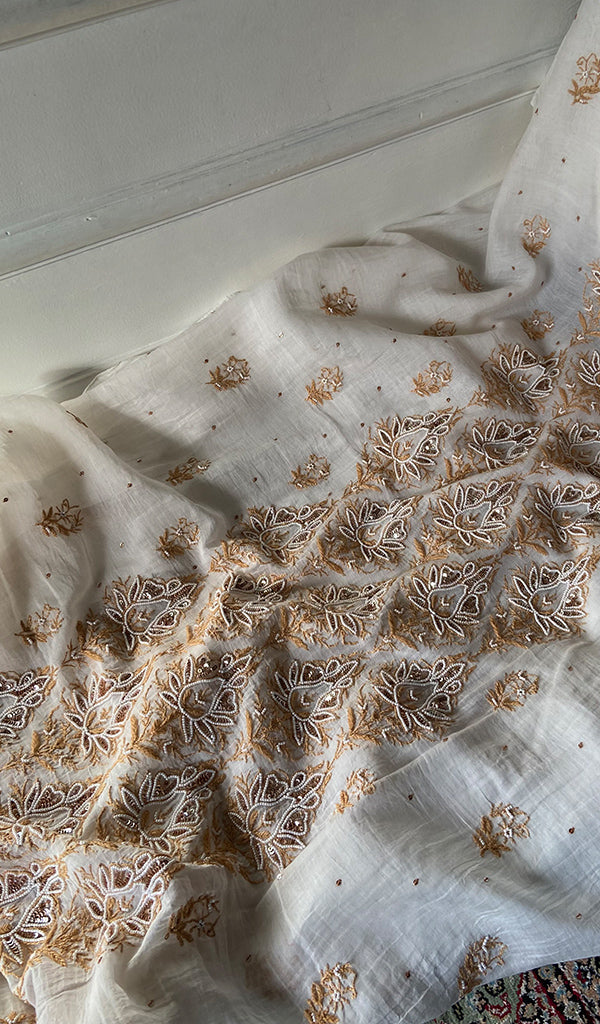 Women's Lakhnavi Handcrafted Mul Chanderi Unstitched Kurta And Dupatta Set - HONC0359796