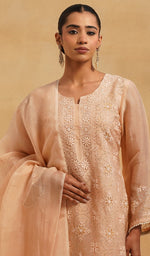 将图像加载到图库查看器中， Women's Lucknowi Handcrafted Pure Organza Silk Stitched Chikankari Kurta, Dupatta With Pant Set- HONC054558