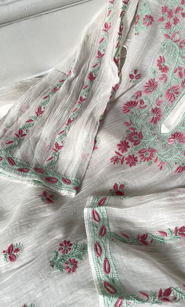 Women's Lakhnavi Handcrafted Mul Chanderi Semi - Stitched Kurta And Dupatta Set - HONC0305477