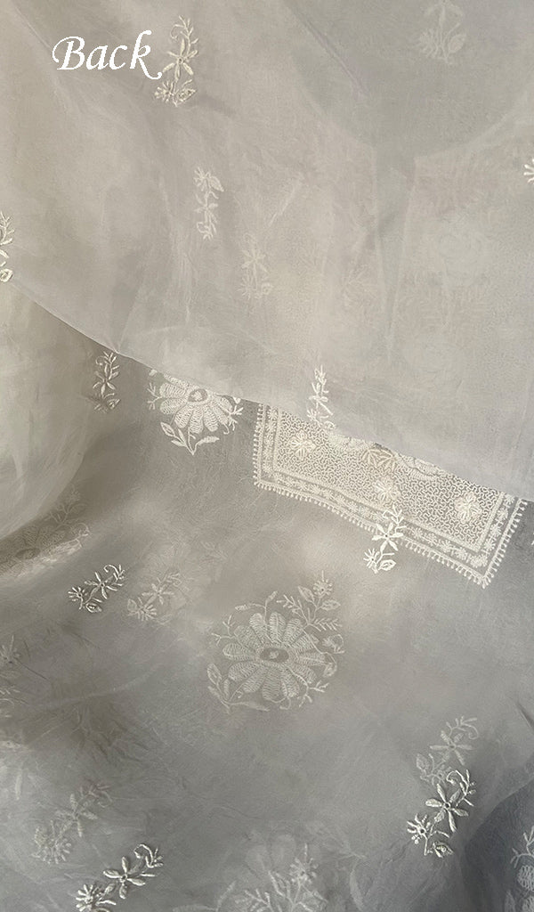 Lakhnavi 手工制作纯欧根纱 Chikankari 未缝合库尔塔和杜帕塔套装 - HONC0111117