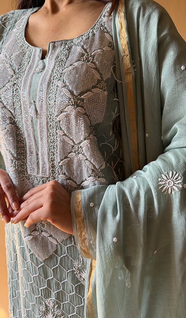Women's Lucknowi Handcrafted Mul Chanderi Stitched Chikankari Kurta Dupatta With pant Set- HONC0353063