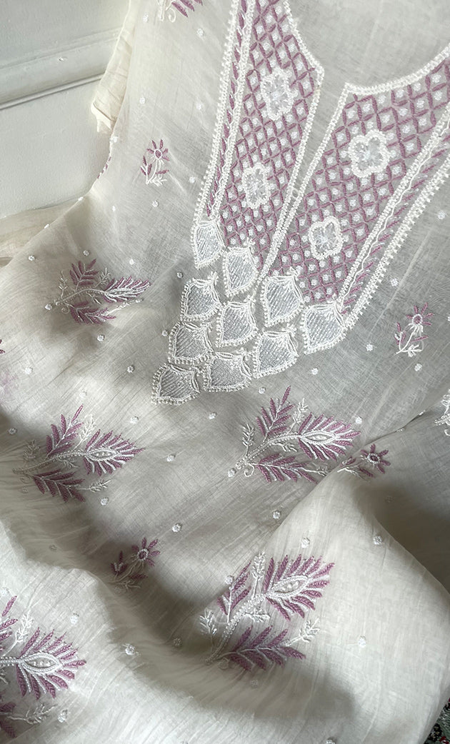Women's Lakhnavi Handcrafted Unstitched Mul Chanderi Kurta And Dupatta Set - HONC0319478