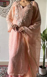 将图像加载到图库查看器中， Women's Lakhnavi Handcrafted Mul Chanderi Chikankari Stitched Kurta, Dupatta And Pant Set - HONC03224190