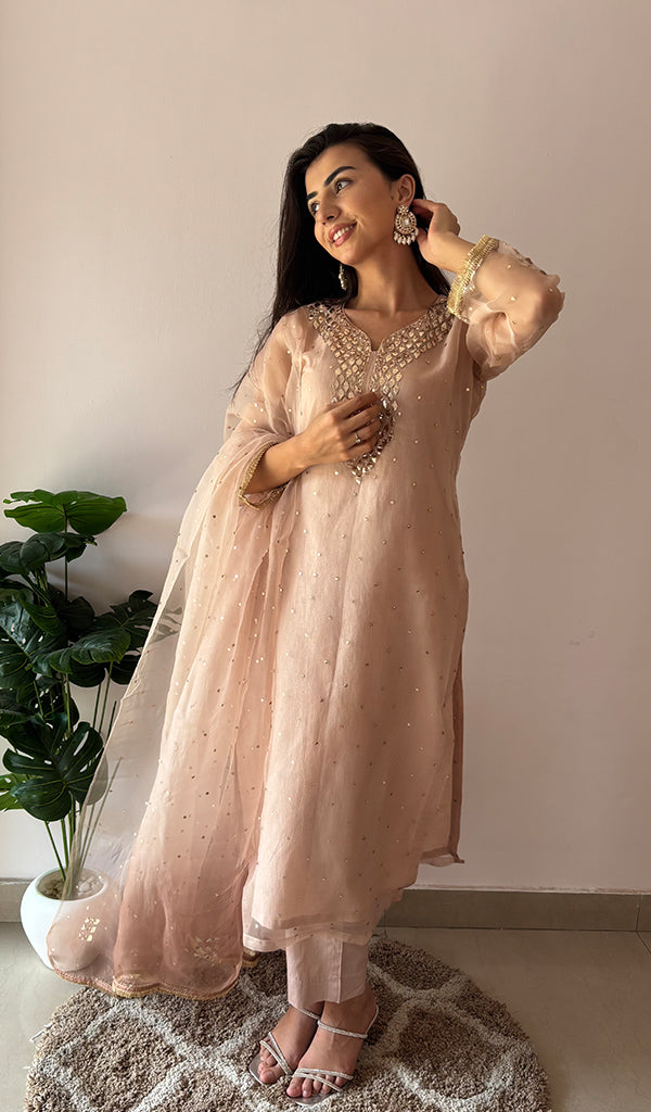 Alfia Women's Lucknowi Handcrafted Pure Organza Silk Stitched Chikankari Kurta, Dupatta With Pant Set- HONC0362256