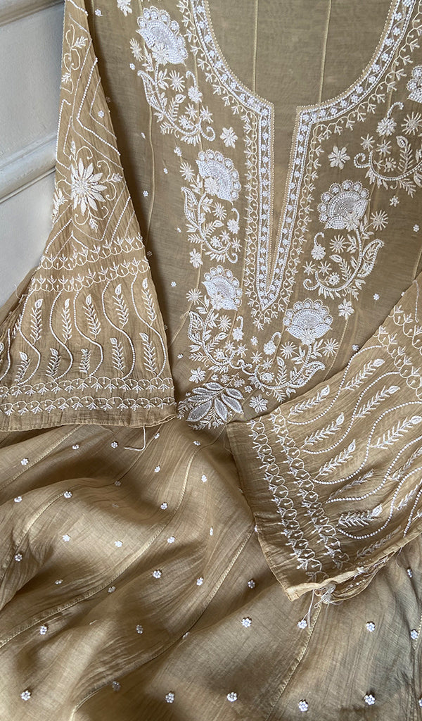 Basma Women's Lucknowi Handcrafted Mul Chanderi Semi - stitched Chikankari Anarkali Full Set - HONC0355632