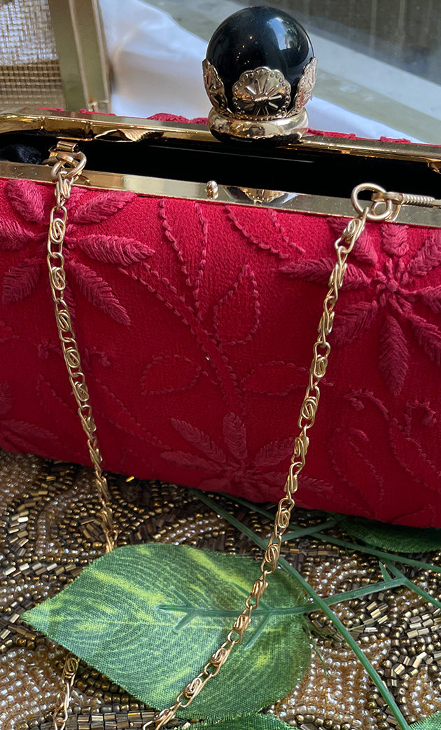 Red Chikankari Embroidered Clutch with Black Stone Knob - HONC0232410