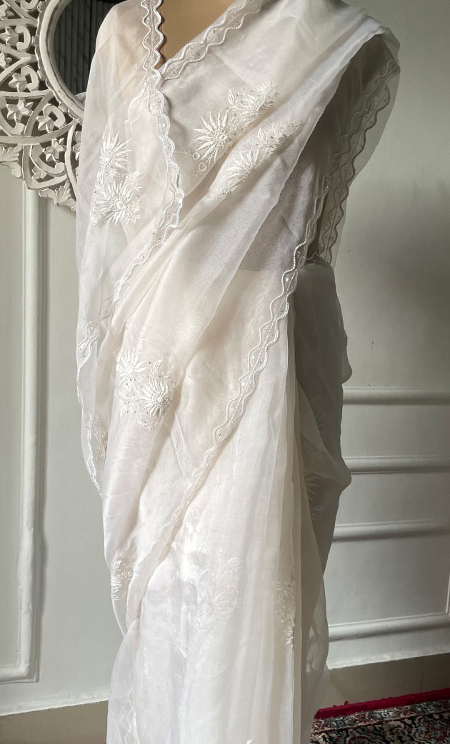 Women's Lucknowi Handcrafted Pure Organza Silk Chikankari Saree - HONC0321035