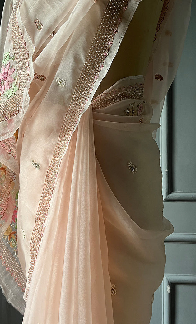 Women's Lucknowi Handcrafted Pure Organza Silk Chikankari Saree - HONC0282492