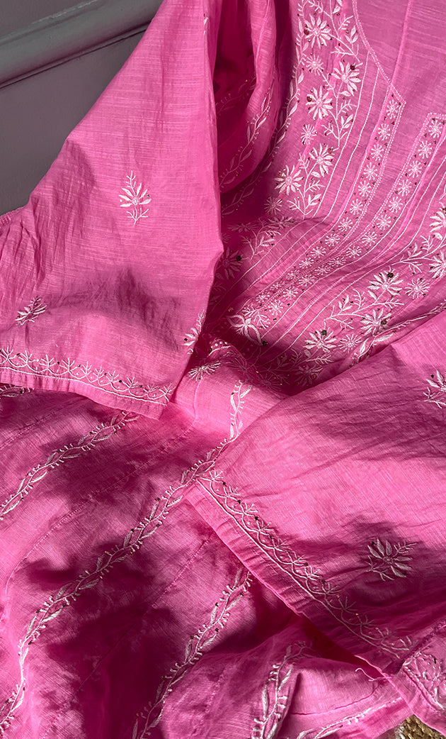 Women's Lakhnavi Handcrafted Linen Cotton Semi -Stitched Anarkali And Dupatta Set - HONC0273157