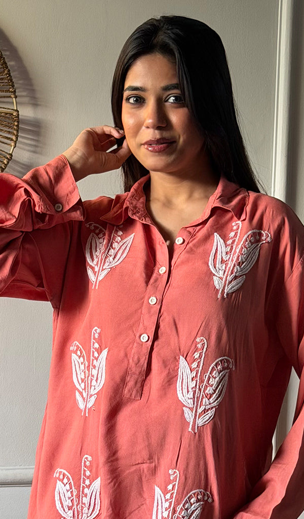 Lakhnavi 手工制作的 Chikankari 棉质上衣 - HONC0111283