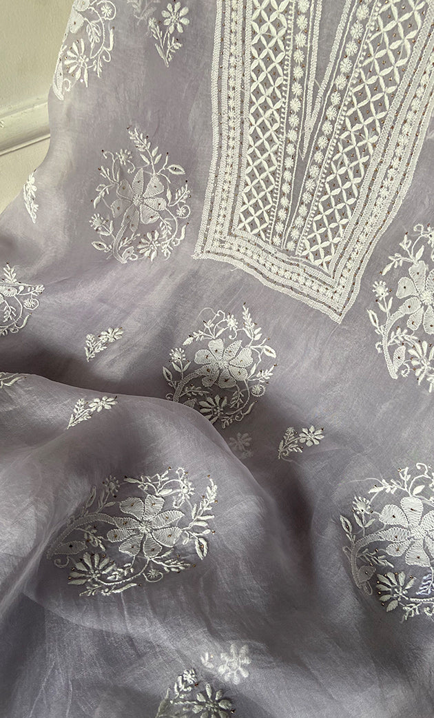 Women's Lakhnavi Handcrafted Pure Organza Chikankari Unstitched Kurta And Dupatta Set- HONC0263948