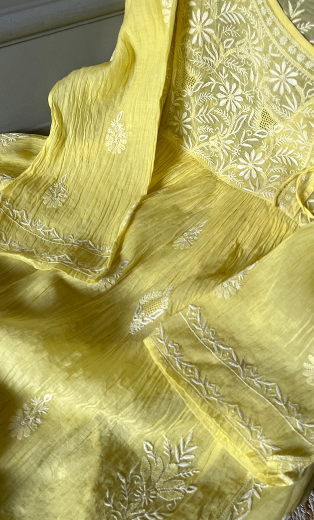 Women's Lakhnavi Handcrafted Mul Chanderi Semi - Stitched Angrakha And Dupatta Set - HONC0303408