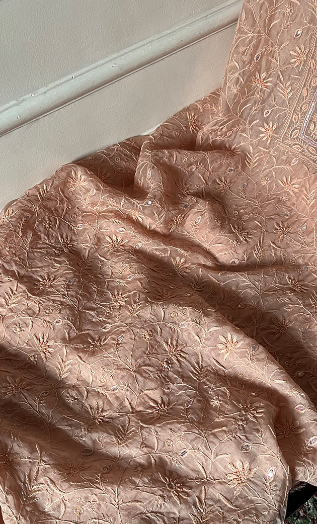 Women's Lakhnavi Handcrafted Pure Organza Chikankari Unstitched Kurta And Dupatta Set- HONC0327850