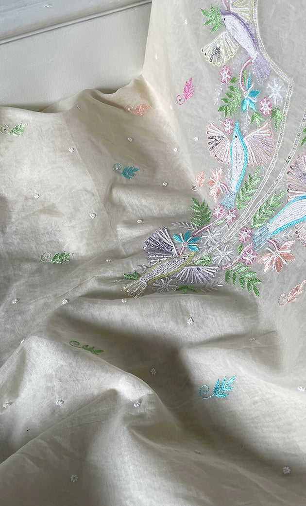 Chidiya Women's Lakhnavi Handcrafted Unstitched Mul Chanderi Kurta And Dupatta Set - HONC0323684