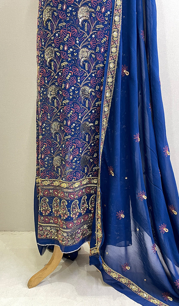 Women's Lakhnavi Handcrafted Pure Silk Georgette Chikankari Kurta And Dupatta Set- HONC0174222