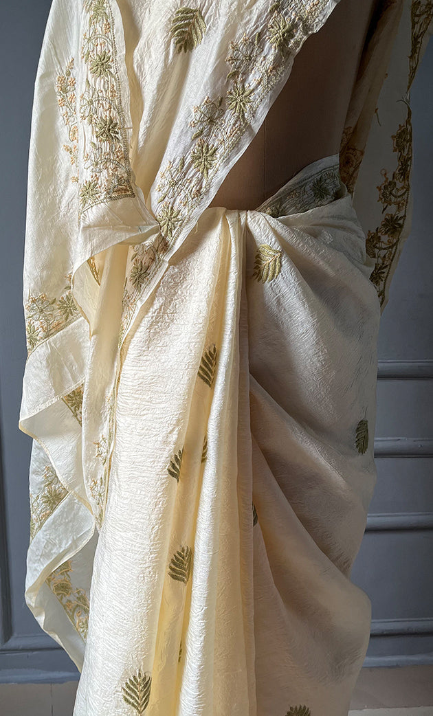 Women's Lakhnavi Handcrafted Tussar Silk Chikankari Saree - HONC0258441