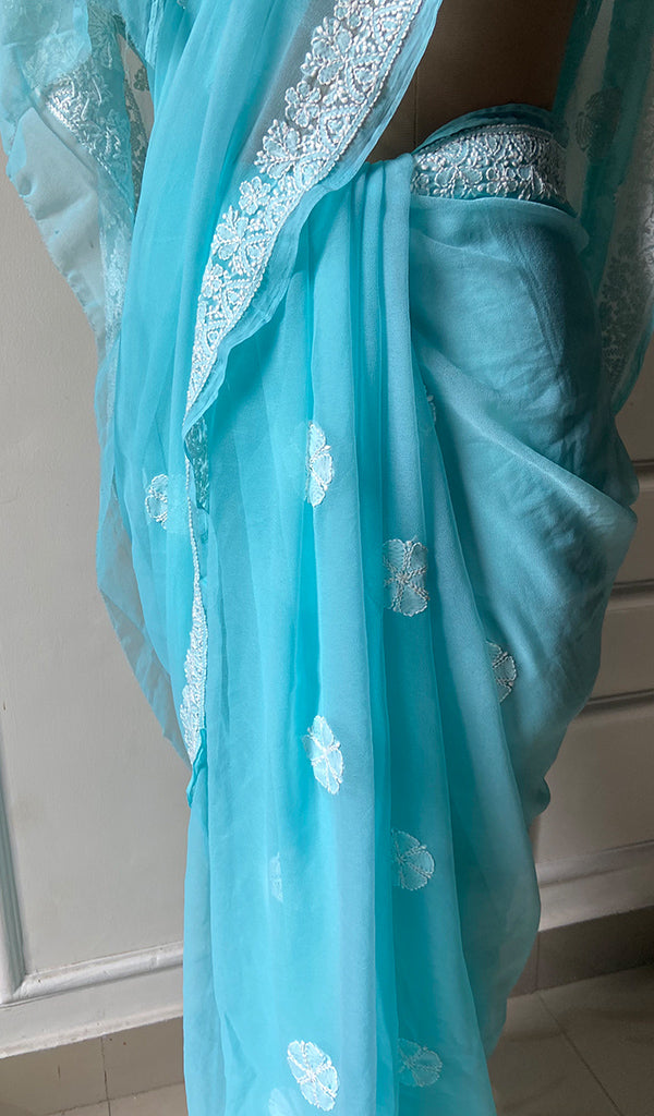 Women's Lakhnavi Handcrafted Faux-Georgette Chikankari Saree - HONC0228968