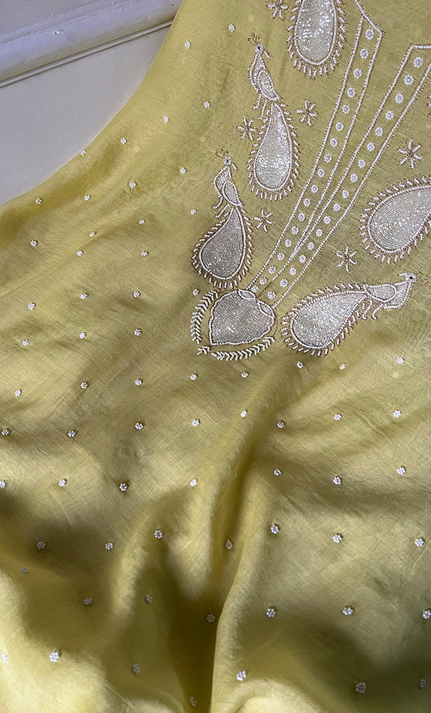 Mor Women's Lakhnavi Handcrafted Mul Chanderi Unstitched Chikankari Full Suit Material - HONC0330320