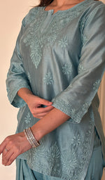 Anika Women's Lucknowi Handcrafted Chanderi Silk Chikankari Top with Farshi Salwar Set
