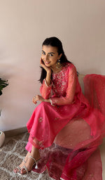 将图像加载到图库查看器中， Women's Lucknowi Handcrafted Pure Organza Silk Stitched Chikankari Kurta, Dupatta With Pant Set- HONC0362245