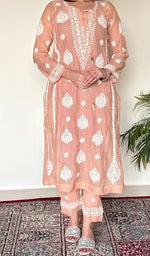 Ira Women's Lucknowi Handcrafted Mul Chanderi Stitched Chikankari Kurta And Plazzo Set .