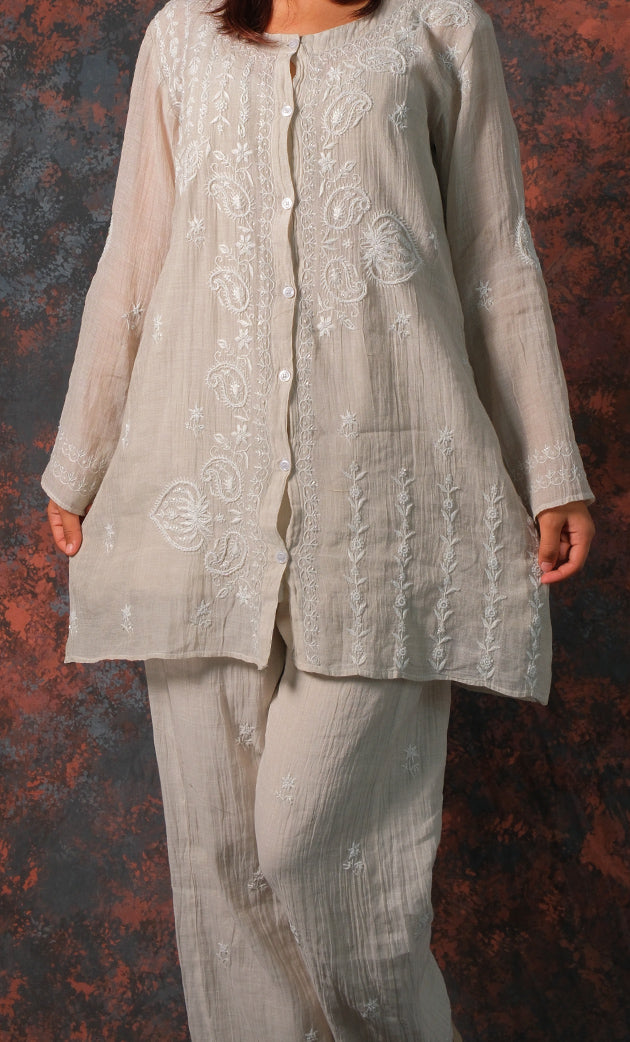 Women's Lakhnavi Handcrafted Tissue chanderi Chikankari Kurta And palazzo Set - HONC0322042