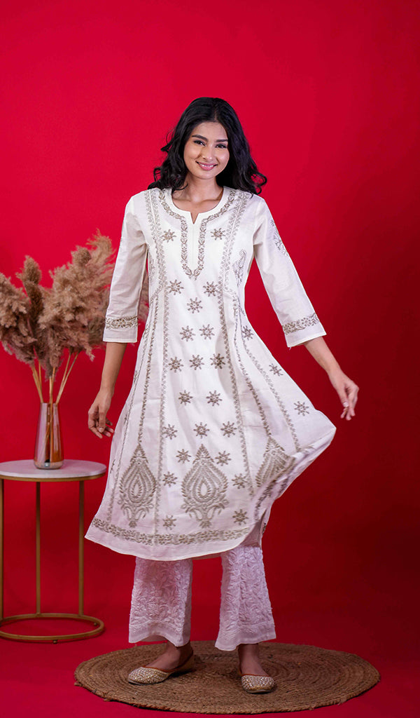 Divya Women's Lucknowi Handcrafted Cotton Chikankari Anarkali Dress - HONC0213345