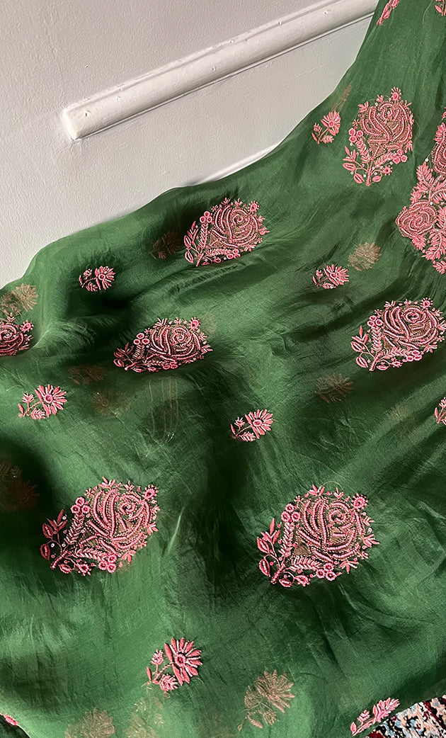 Women's Lakhnavi Handcrafted Pure Organza Chikankari Unstitched Kurta And Dupatta Set- HONC0311849