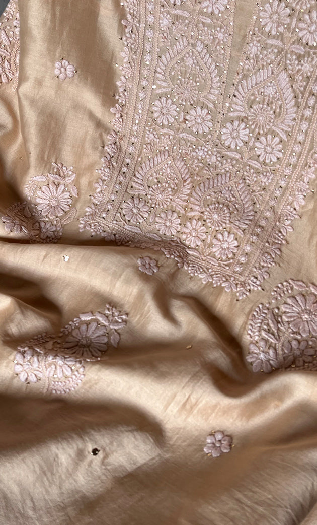 Baseema Women's Lucknowi Handcrafted Chanderi Silk Chikankari Full Suit Material - HONC0290039