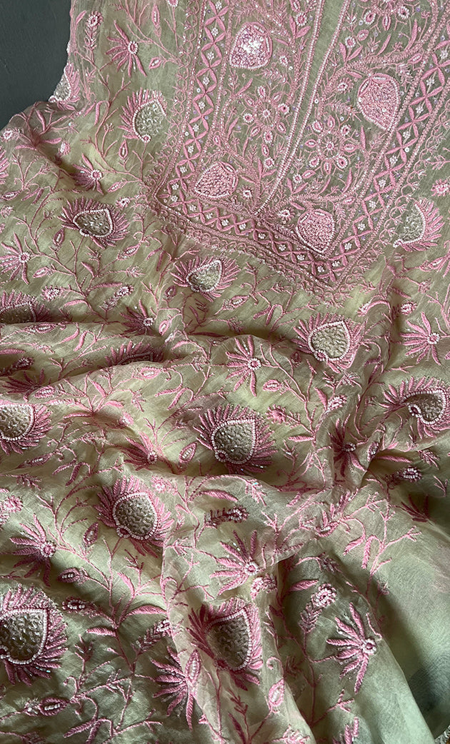 Women's Lakhnavi Handcrafted Pure Organza Chikankari Unstitched Kurta And Dupatta Set- HONC0296105