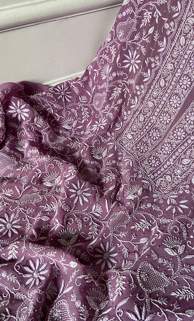Women's Lakhnavi Handcrafted Pure Silk Georgette Chikankari Suit Material -  HONC0188582