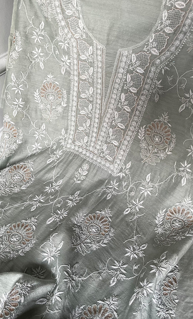 Women's Lakhnavi Handcrafted Munga Silk Chikankari Unstitched Kurti Fabric - HONC0316123