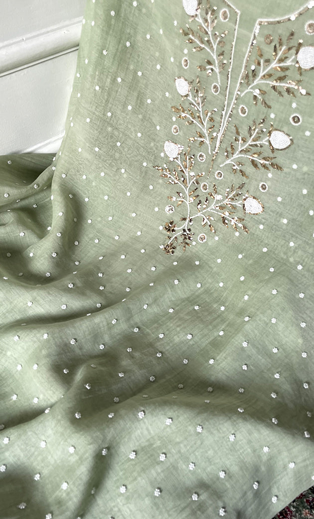 Women's Lakhnavi Handcrafted Mul Chanderi Unstitched Chikankari Full Suit Material - HONC0311949