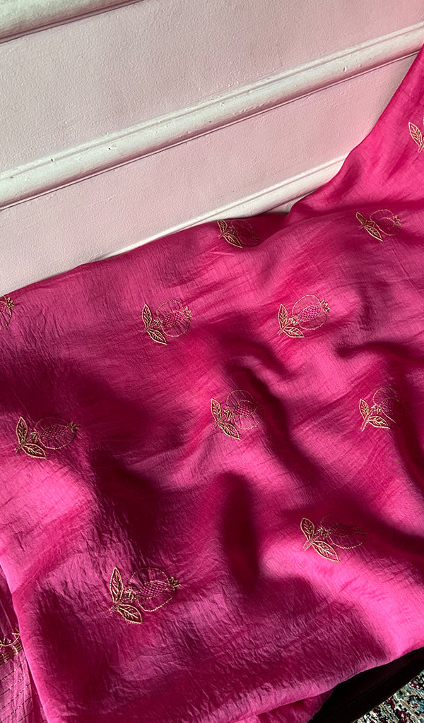 Women's Lakhnavi Handcrafted Chanderi Silk Unstitched Chikankari Full Suit - HONC035260