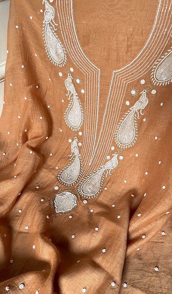 Women's Lakhnavi Handcrafted Mul Chanderi Unstitched Kurta And Dupatta Set- HONC0323418