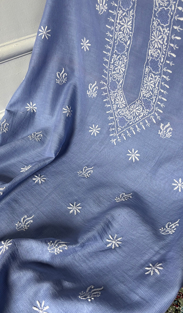 Lucknowi Handcrafted Maheshwari Mul chanderi Chikankari Unstitched Men's Kurta Fabric - HONC0300044