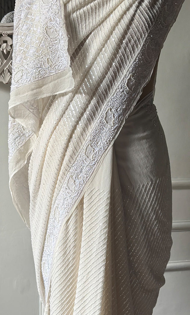 Women's Lakhnavi Handcrafted Pure Silk Georgette Chikankari Saree - HONC0313293