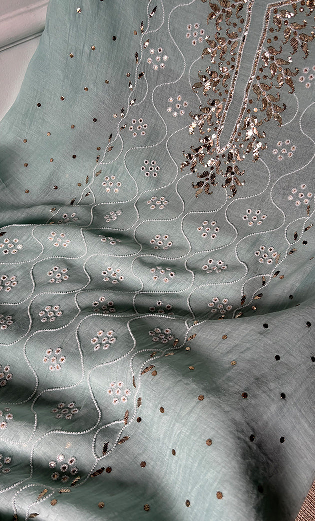 Women's Lakhnavi Handcrafted Mul Chanderi Unstitched Chikankari Full Suit Material - HONC0320708