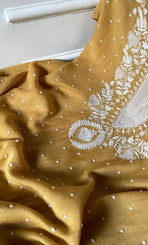 Women's Lakhnavi Handcrafted Mul Chanderi UnStitched Kurta And Dupatta Set - HONC0318600