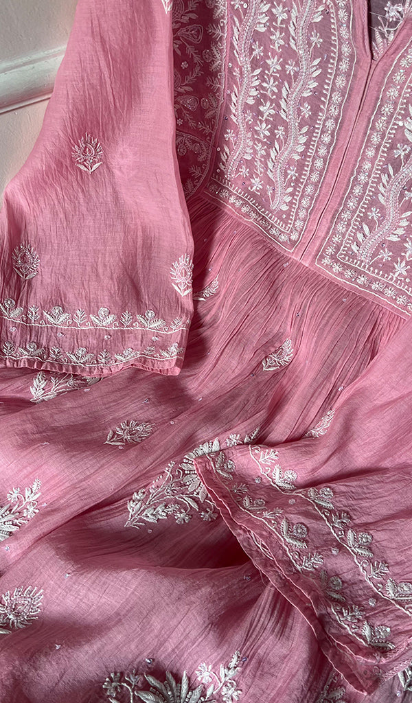 Women's Lakhnavi Handcrafted Mul Chanderi Semi - Stitched Kurta And Dupatta Set - HONC0293253