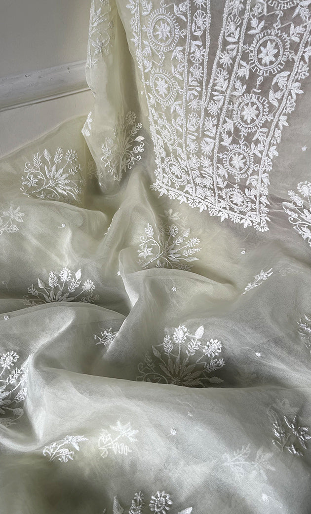 Women's Lakhnavi Handcrafted Organza Chikankari Unstitched Full Suit Material - HONC0284611