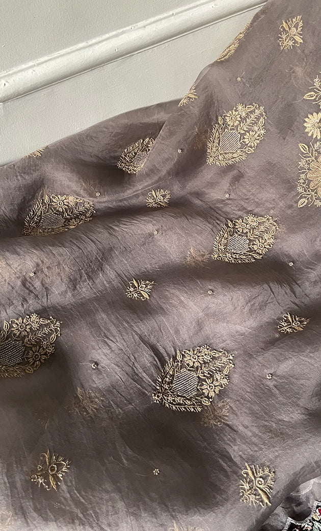 Women's Lakhnavi Handcrafted Pure Organza Chikankari Unstitched Kurta And Dupatta Set- HONC0318665