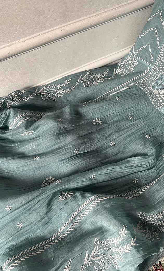 Izana Women's Lakhnavi Handcrafted Mul Chanderi Semi - stitched Chikankari Full Suit Material - HONC0333504