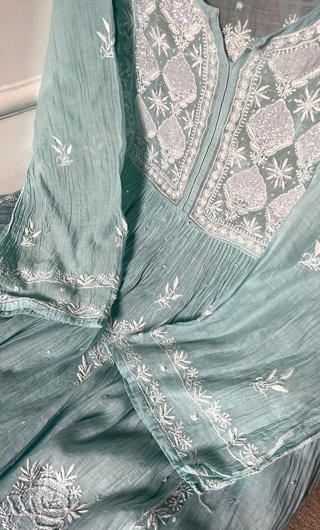 Women's Lakhnavi Handcrafted Mul Chanderi Semi - stitched Chikankari Full Suit Material - HONC0323621