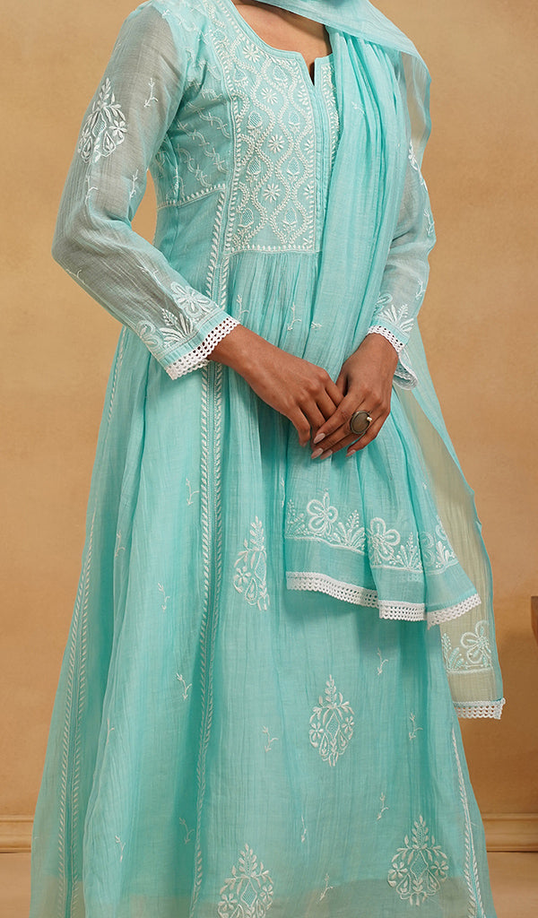 Women's Lakhnavi Handcrafted Mul Chanderi Chikankari Stitched Kurta, Dupatta And Pant Set - HONC0824547