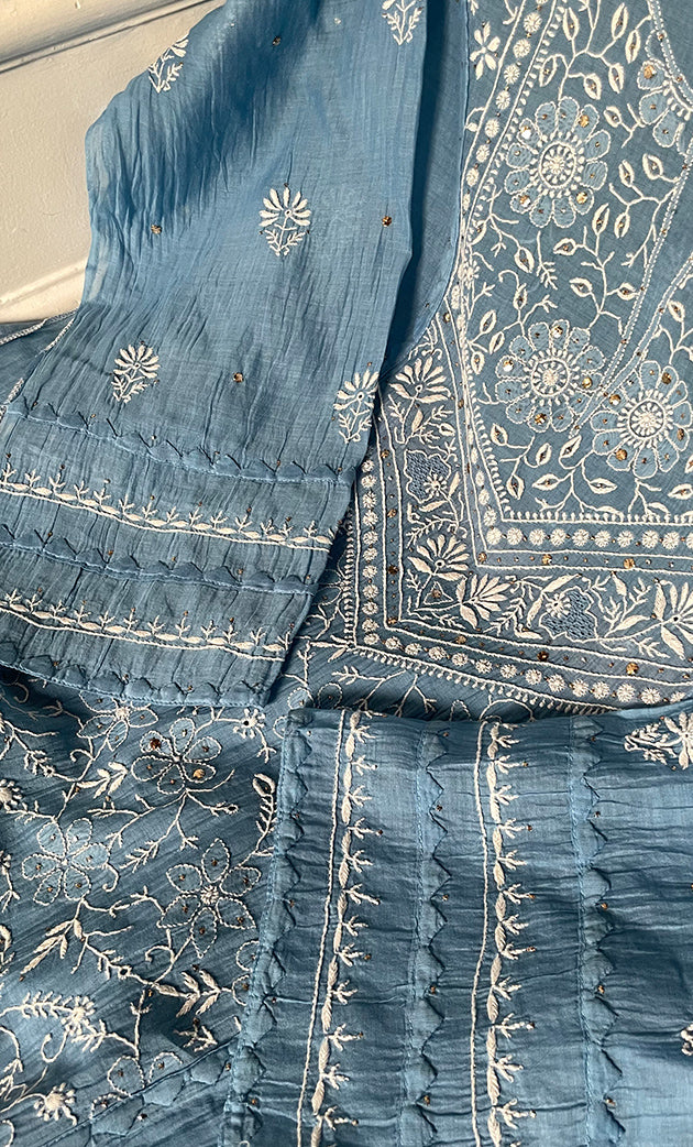 Women's Lakhnavi Handcrafted Mul Chanderi Semi - stitched Kurta And Dupatta Set- HONC0282423